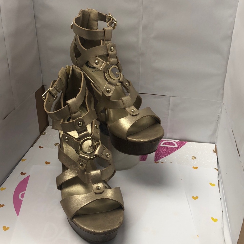 gold faux leather wedge sandal by guess